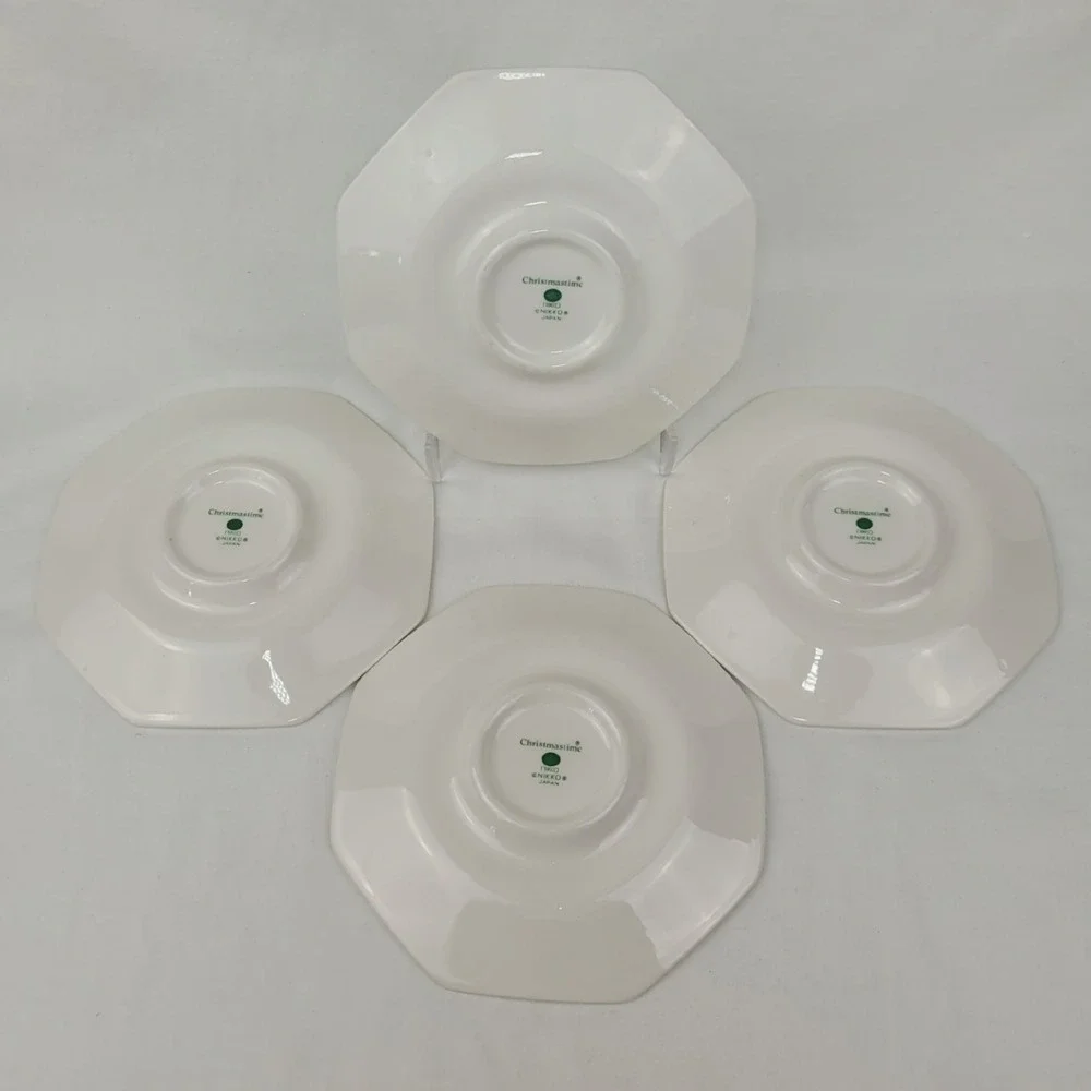 Nikko Christmastime Octagonal Saucers Set of 4 Holly Berry Green Trim Japan